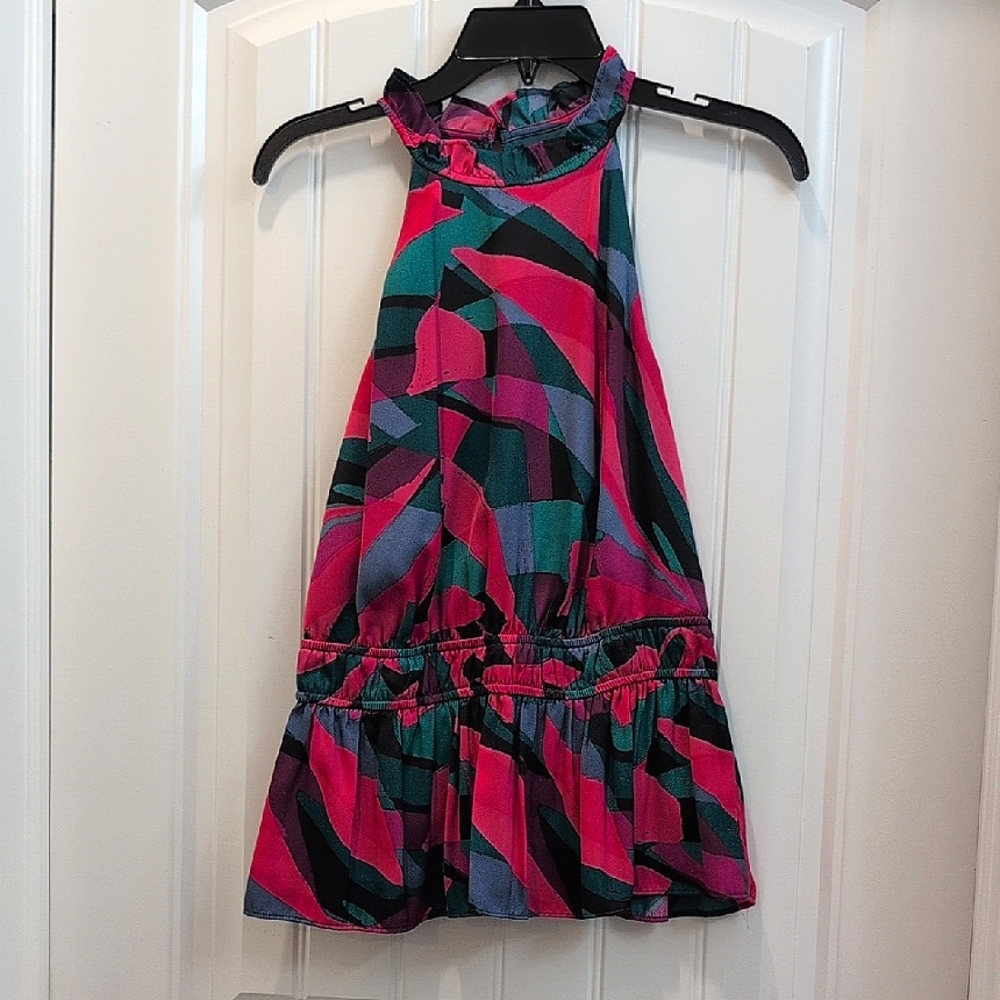 Vibrant Pink and Green Halter Peplum Top.